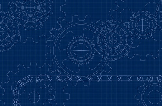 Technological background with a drawing of gears and a chain drive on dark blue graph paper in the style of an industrial blueprint with cogwheels and bearings.