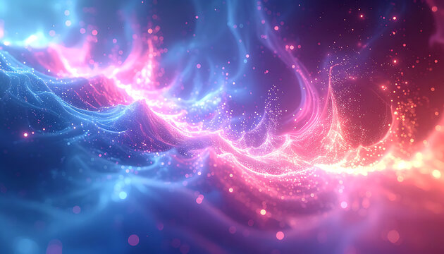 Abstract glowing energy waves with shimmering particles in blue and pink hues, ethereal cosmic flow, fantasy light background