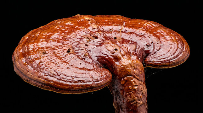 Shiny Red Reishi Mushroom  Potent Ganoderma Lucidum on Dark Background.