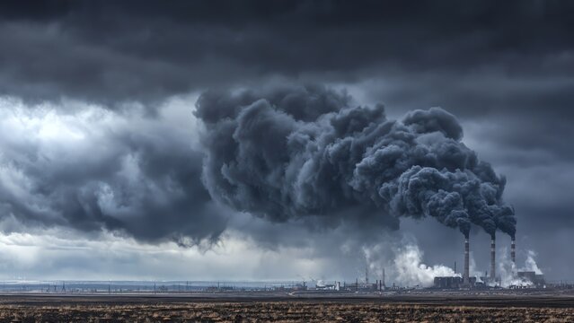 Industrial smokestacks emitting dark pollution under stormy sky