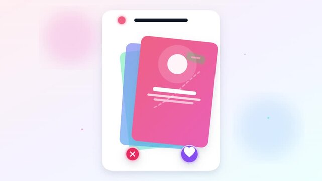 Mobile dating app interface mockup animation loop, clean smartphone UI UX profile swiping screen transitions, modern pink card matching matchmaking stock video asset