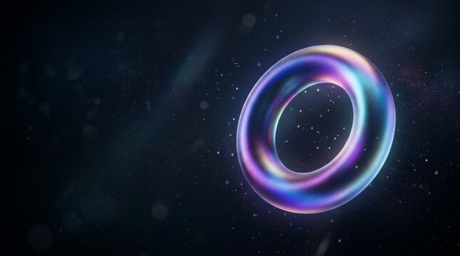 Abstract iridescent torus floating in dark starry space with bokeh effects