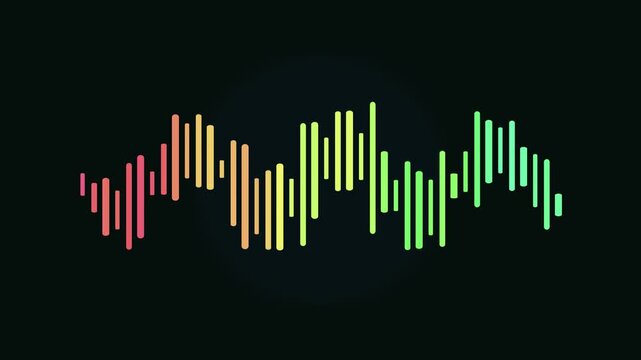 Dynamic audio equalizer bars moving in a vibrant gradient spectrum visualization on a dark background representing sound frequency and music rhythm
