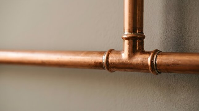 Copper Plumbing Pipes and Fittings Close-up with Detailed Texture