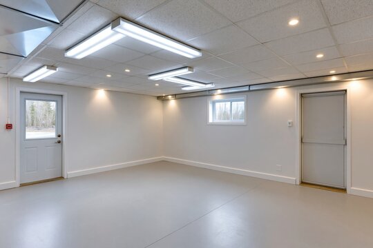 Bright, empty interior of a modern basement with gray flooring and large windows for natural light