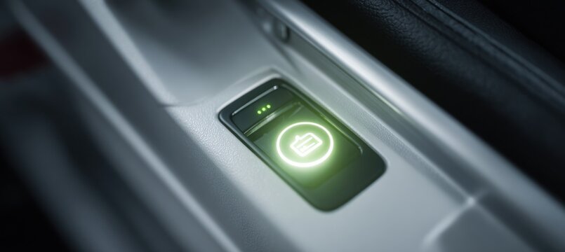Macro view of illuminated emergency handle button in vehicle interior with glowing indicator light