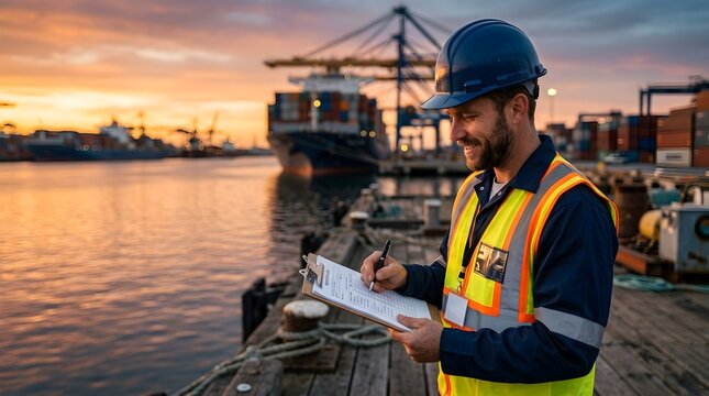 Dock Worker Oversees Cargo Operations at Busy Harbor at Sunset