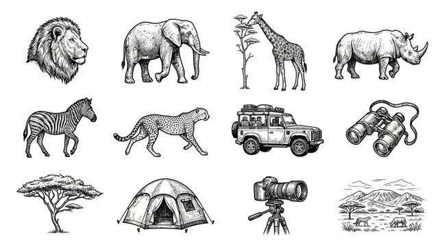 Safari wildlife and adventure travel icons.