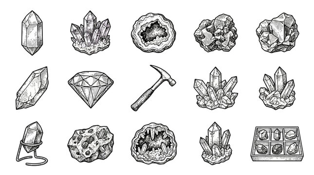 Various mineral crystals and gems.