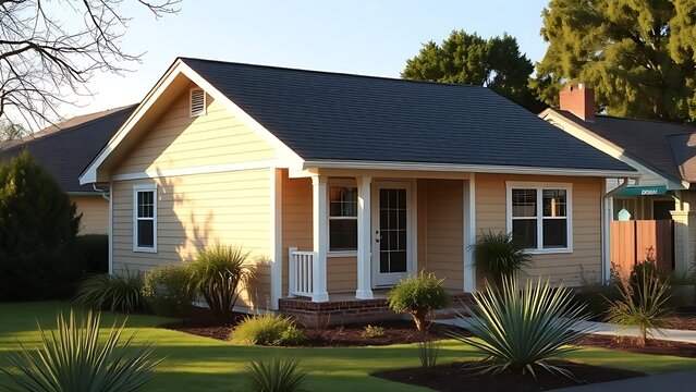 A charming single-story house with a pitched roof and native plants in the front garden, bathed in afternoon sunlight.