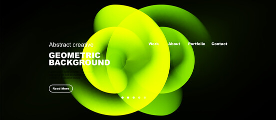 Naklejka premium Bright yellow abstract shapes dominate dark background. Text elements present website navigation, call to action. Modern design.