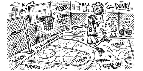 Fototapeta premium Streetball Playground Doodle Black White-Chain Net Court Crack Player-Urban Game Vector-Street Icon Doodle-Basketball Design Set