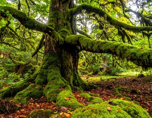 Fototapeta premium A large, ancient tree with vibrant green moss covering its gnarled branches and roots in a forest