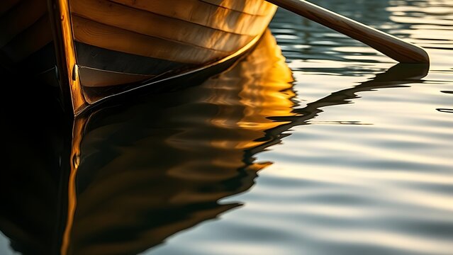The gentle ripple of a wooden rowboat's reflection in dock water, its oarlocks visible under golden hour light.