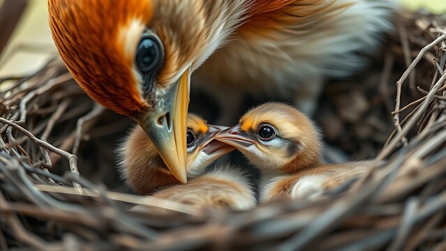 Mother bird gently helping a chick hatch from its shell in a nest.