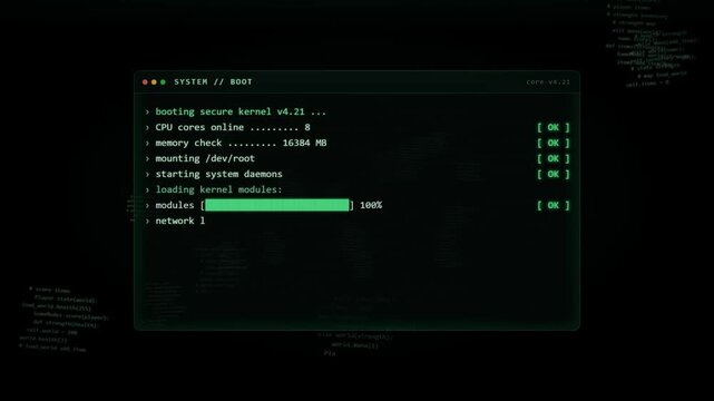 Computer terminal system boot sequence animation with command line code loading on dark screen