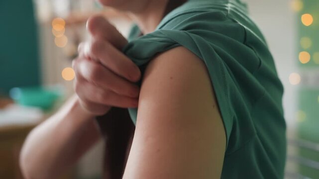 Closeup of arm rolling up sleeve, adult in green shirt prepares upper arm for injection in cozy room hand adjusts fabric, fingers touch skin, soft bokeh lights in background, calm anticipation