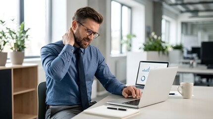 Obraz premium Man Suffering from Neck Pain While Working on Laptop in Office Environment