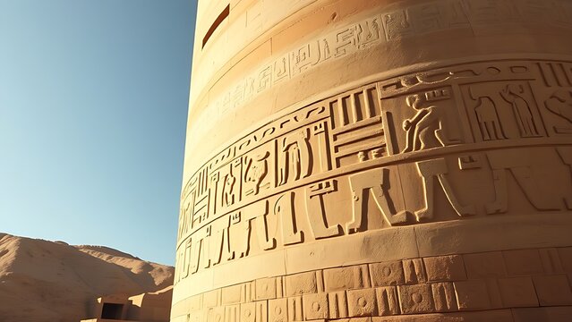 A massive sandstone column with detailed hieroglyphic carvings.