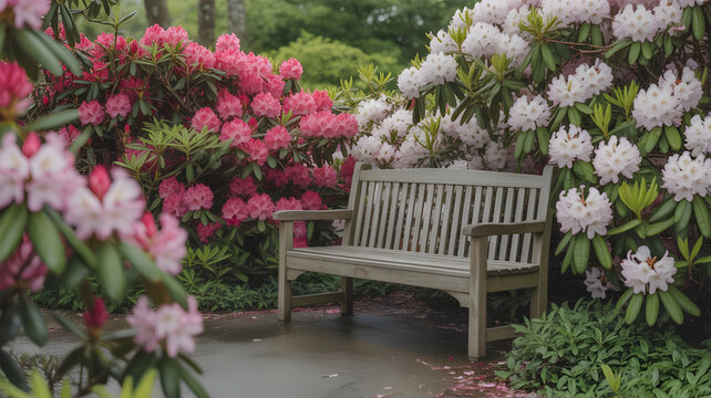 A peaceful wooden bench surrounded by overflowing blooming rhododendron bushes in shades of bright pink, soft blush, and white flowers, lush green leaves, vibrant spring garden