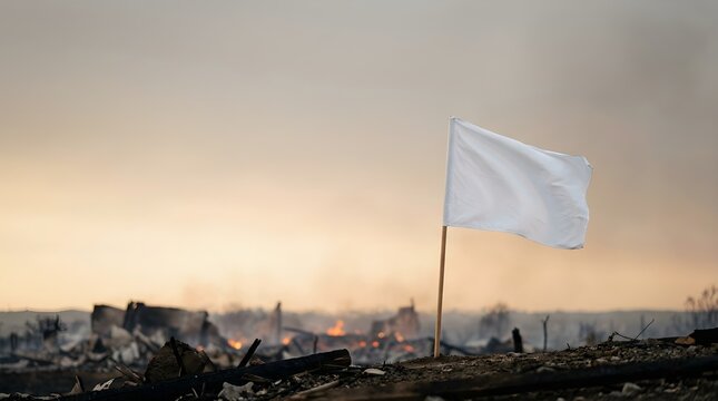 White Flag Waves Over Devastated Landscape After Catastrophic Fire