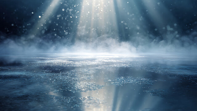 A dark empty street, dark blue background, an empty dark scene, neon light, spotlights The asphalt floor and studio room with smoke float up the interior texture. night Dramatic Blue Spotlight on Dark