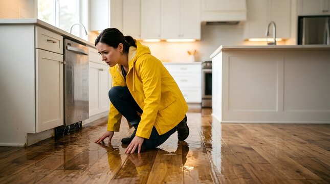 Woman Wearing Yellow Raincoat Inspecting Water Damage on Kitchen Floor