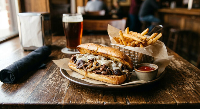 Juicy Philly Cheesesteak Sandwich with Melted Cheese French Fries and Glass of Dark Beer in Pub