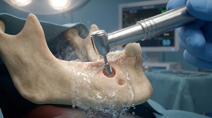 Fototapeta premium Close up view of a dental drill creating a hole in a human jawbone during surgery