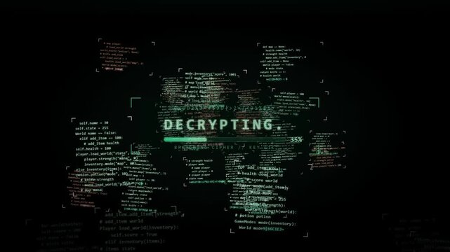 Decrypting data animation with code world map and progress bar breaching cipher on dark screen