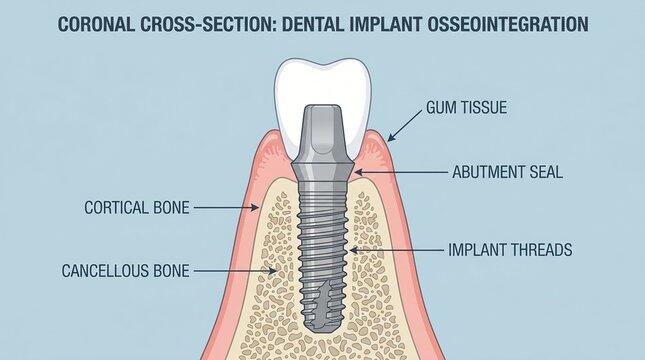 Coronal cross section showing a dental implant osseointegration with labeled anatomical parts