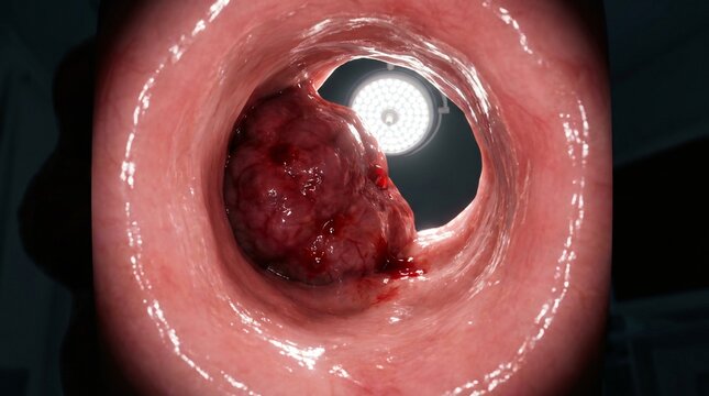 Close up view of a large tumor within a colon lumen during medical examination