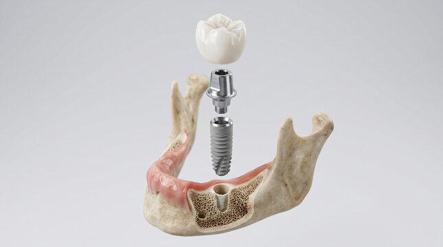3D medical visualization of a full human mandible with a cutaway section showing a suspended, exploded dental implant system.