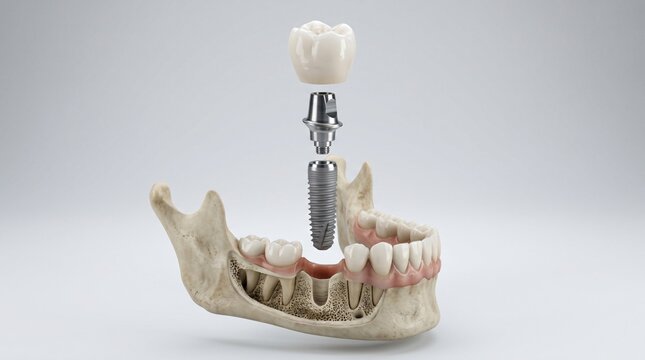 3D exploded view of a dental implant system suspended over a human mandible with visible tooth roots.