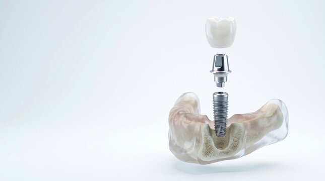 3D rendering of a dental implant with a transparent ghosted jawbone, showing the internal titanium screw placement.