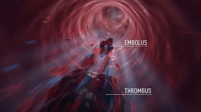 3D medical illustration of a venous thrombus with text labels, showing an embolus breaking off and traveling rapidly through the bloodstream.