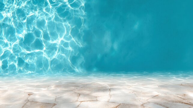 A stunning view of a shimmering pool water surface, capturing tranquil waves and crystal clear reflections that evoke feelings of relaxation and serenity.
