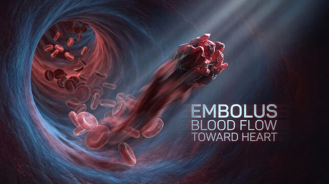 Dynamic 3D render of an embolus traveling toward the heart, featuring high-speed motion blur inside a blue and red vein with text labels.