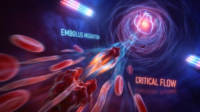 Futuristic 3D medical UI showing embolus migration and critical blood flow toward a glowing heart icon, with high-speed neon motion blur.