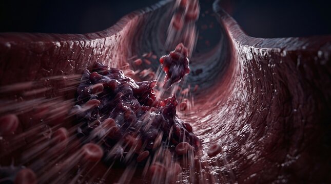 Photorealistic 3D macro render of an embolus breaking away from a deep vein thrombus, speeding through the bloodstream with intense motion blur.