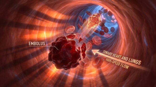 Dramatic 3D visualization of a high-speed embolus flowing toward the heart and lungs, featuring fiery orange lighting and educational text labels.