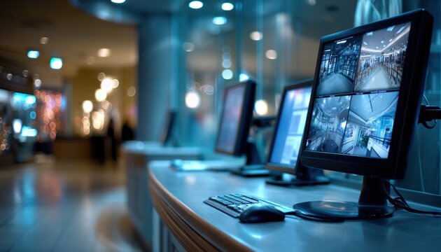Security operator monitoring shopping mall with cctv cameras on multiple monitors