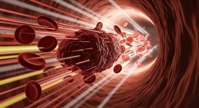 Intense 3D visualization of an embolus propelled by fast blood flow, illustrating the critical moment of detachment in Deep Vein Thrombosis (DVT).