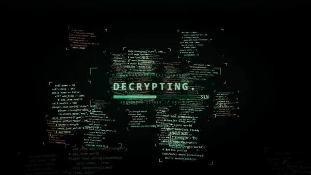 Decryption complete animation with code world map progress bar and access granted on dark screen