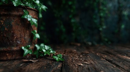Fototapeta premium A rustic metal pot overflowing with vibrant ivy leaves sits atop a weathered wooden table, conveying a sense of natural beauty and the charm of vintage decor in a warm light.