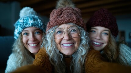 Fototapeta premium Three generations of women, including a grandmother and two younger members, smile joyfully while wearing cozy knitted hats, celebrating family bonds and warmth.