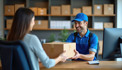 Fototapeta premium Delivery person in uniform gives package to customer at reception desk. Shelves with boxes visible in background. Happy transaction indoors at modern office.