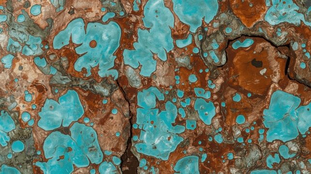 macro closeup of oxidized copper surface with turquoise patina texture