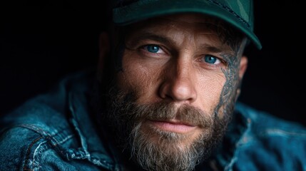 Obraz premium A striking close-up of a tattooed man exuding confidence and depth, showcasing his piercing blue eyes and rugged facial features against a dark background.