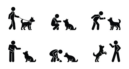 Obraz premium Stickman vector set of people walking, playing with dog and cleaning after pet. Isolated figures pet care lifestyle illustration for stock use.
